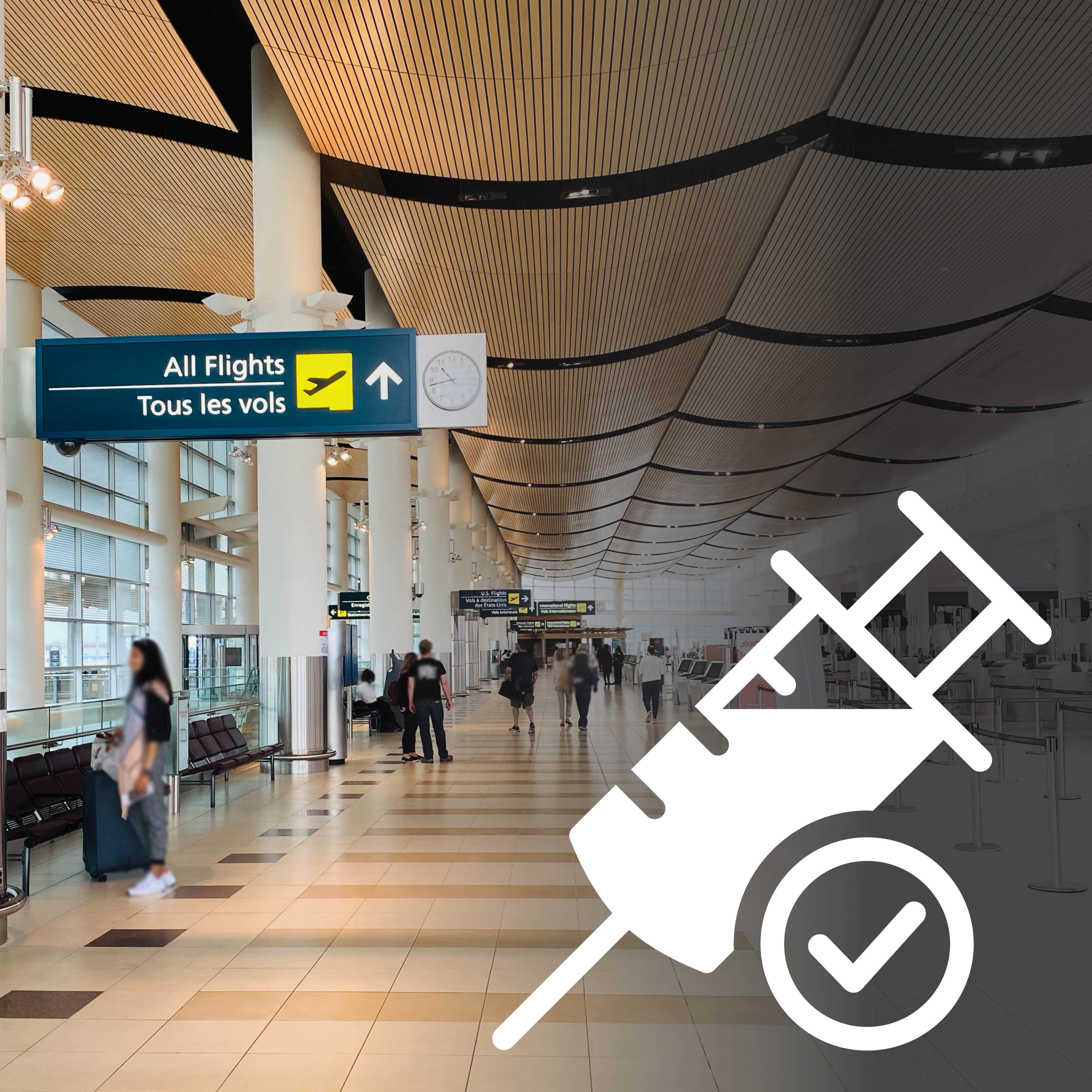 The Departures Level with travellers moving through the terminal in the background and a vaccination logo in front.