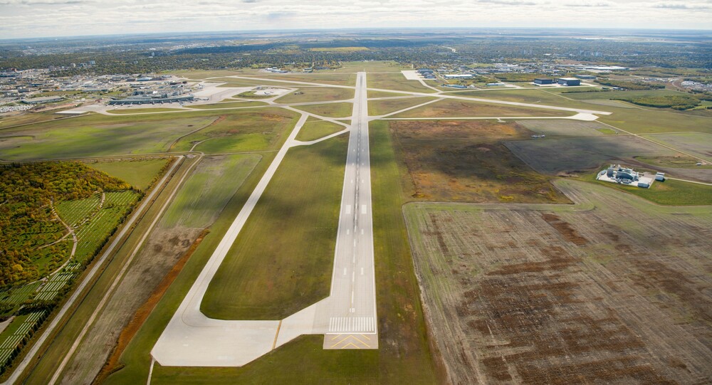 An aerial photo of Runway 18/36 at Winnipeg Richardson International Airport.