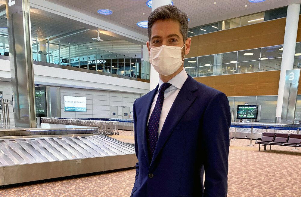 Winnipeg Airports Authority President & CEO Nick Hays stands in the Arrivals Hall of Winnipeg Richardson International Airport.