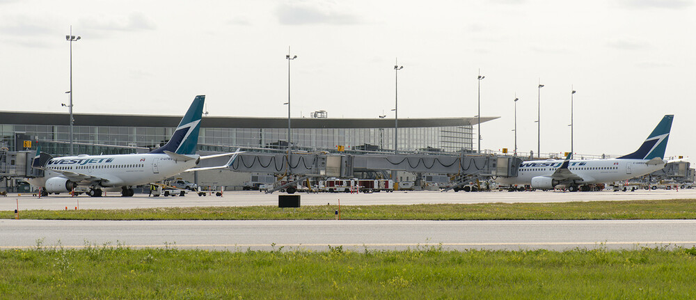 Two WestJet planes are parked at separate boarding gates at Winnipeg Richardson International Airport.